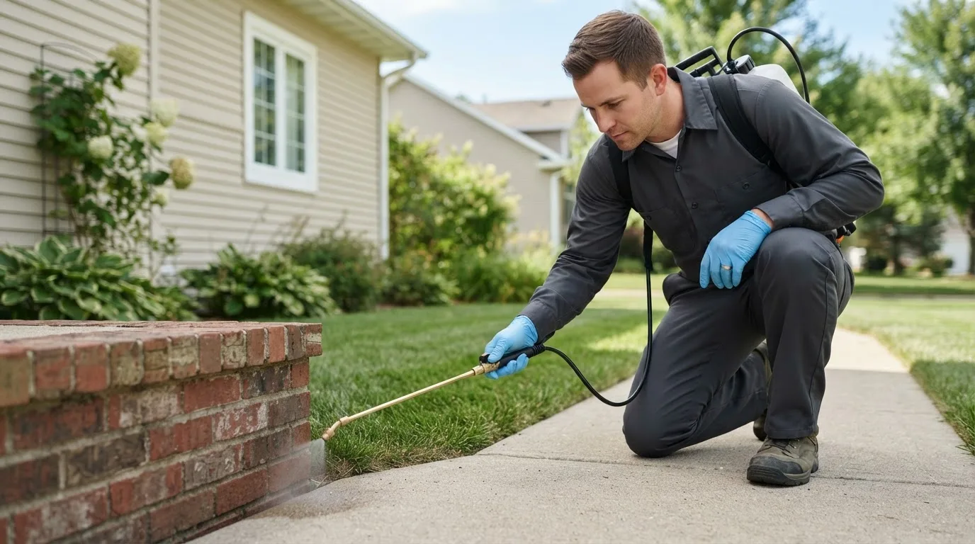 Pest control technician treating a home near Benge, WA